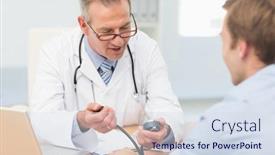  Presentation with blood pressure - Slide deck enhanced with happy doctor taking his patients blood pressure in his office at the hospital background and a sky blue colored foreground