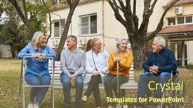  Presentation with group of happy couples - Slide deck with happy-doctor-talking-to-group background and a tawny brown colored foreground