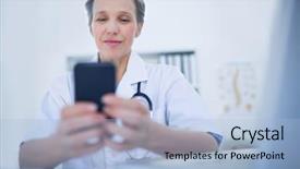  Presentation with doctor office - Cool new PPT theme with happy doctor using her smartphone backdrop and a light blue colored foreground