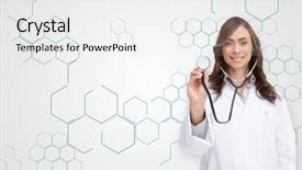  Presentation with chemical - Colorful slide set enhanced with happy doctor using stethoscope against chemical structure in grey and white backdrop and a white colored foreground