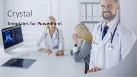  Presentation with staff - Slide deck with happy doctor with medical staff at the hospital background and a sky blue colored foreground