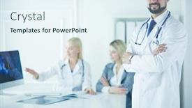  Presentation with staff - Amazing PPT theme having happy doctor with medical staff at the hospital backdrop and a sky blue colored foreground