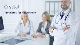  Presentation with staff - PPT layouts with happy-doctor-with-medical-staff background and a sky blue colored foreground