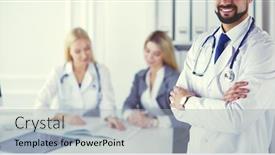  Presentation with staff - Amazing slide set having happy-doctor-with-medical-staff backdrop and a light gray colored foreground