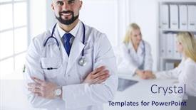  Presentation with staff - Cool new presentation theme with happy-doctor-with-medical-staff backdrop and a lemonade colored foreground