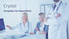  Presentation with staff - Colorful PPT theme enhanced with happy-doctor-with-medical-staff backdrop and a sky blue colored foreground