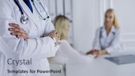  Presentation with staff - Slide set having happy-doctor-with-medical-staff background and a light blue colored foreground