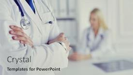  Presentation with staff - Slide set with happy-doctor-with-medical-staff background and a light gray colored foreground