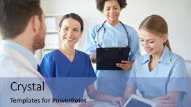  Presentation with health education - Presentation design with happy doctors with tablet background and a  colored foreground