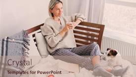  Presentation with tea coffee - Slide deck enhanced with happy-dreamy-middle-aged-woman background and a coral colored foreground