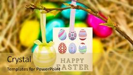  Presentation with easter - PPT layouts consisting of happy easter graphic against easter eggs grouped together on straw background and a yellow colored foreground
