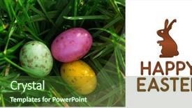  Presentation with graphic - Colorful slide deck enhanced with happy easter graphic against small easter eggs nestled in the grass backdrop and a tawny brown colored foreground