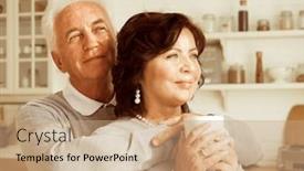  Presentation with bonds - Presentation design consisting of happy-elderly-couple-drinking-coffee background and a coral colored foreground