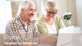  Presentation with elderly home - Beautiful PPT theme featuring happy-elderly-couple-have-fun backdrop and a coral colored foreground
