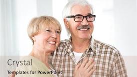  Presentation with elderly home - Slides enhanced with happy-elderly-couple-hugging background and a coral colored foreground