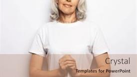  Presentation with elderly - PPT theme enhanced with happy-elderly-female-with-white background and a coral colored foreground