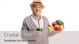  Presentation with fresh fruits vegetables - Audience pleasing presentation design consisting of happy-elderly-gentleman-holding backdrop and a light gray colored foreground