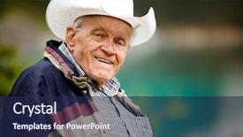  Presentation with cowboy hat - PPT theme consisting of happy elderly man with cowboy background and a navy blue colored foreground