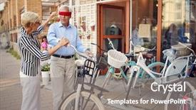  Presentation with eyes - PPT theme having happy elderly woman covering eyes background and a gray colored foreground