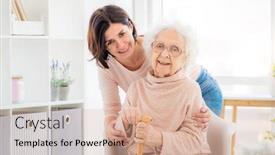  Presentation with elderly home - Colorful slide deck enhanced with happy-elderly-woman-embraced backdrop and a coral colored foreground