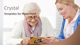  Presentation with album - Audience pleasing slide set consisting of happy-elderly-woman-looks backdrop and a white colored foreground