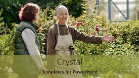  Presentation with elderly - Presentation theme featuring happy-elderly-woman-talking background and a gold colored foreground