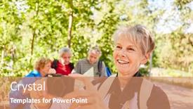 Presentation with elderly - Beautiful slide deck featuring happy-elderly-woman-with-camera backdrop and a coral colored foreground