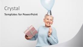  Presentation with balloon - Presentation theme enhanced with happy-elderly-woman-with-short background and a white colored foreground