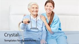  Presentation with walker - Amazing presentation theme having happy elderly woman with walker backdrop and a  colored foreground