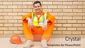  Presentation with electrical engineer - Cool new PPT theme with happy electrical engineer sitting outdoors backdrop and a coral colored foreground