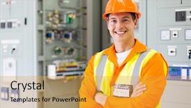  Presentation with electric meter - Presentation design featuring happy electrical engineer standing background and a gold colored foreground