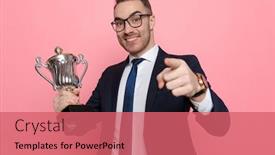 Presentation with trophy - Slide deck featuring happy-elegant-man-in-suit background and a coral colored foreground