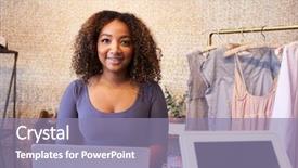  Presentation with sales - Presentation theme featuring happy employee front laptop - mixed race sales assistant background and a coral colored foreground