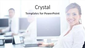  Presentation with camera - PPT theme having happy employees - beautiful young woman looking background and a white colored foreground