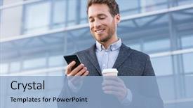  Presentation with phone - Cool new PPT theme with happy employees - business man looking at phone backdrop and a light blue colored foreground