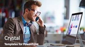  Presentation with speaking - Slide deck featuring happy employees - busy employee speaking background and a tawny brown colored foreground