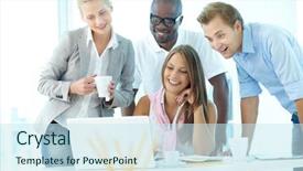  Presentation with group of students raising hands - PPT theme with happy employees - group of friendly students background and a  colored foreground