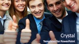  Presentation with partners - Colorful PPT layouts enhanced with happy employees - portrait of five business partners backdrop and a navy blue colored foreground