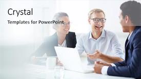  Presentation with partners - PPT theme featuring happy employees - portrait of smart business partners background and a sky blue colored foreground