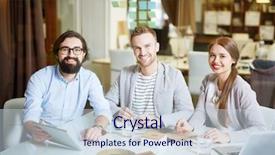  Presentation with successful - Slides having happy employees - portrait of three successful colleagues background and a  colored foreground