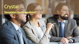  Presentation with personal branding seminar - Colorful slide set enhanced with happy employees - sitting at seminar backdrop and a  colored foreground