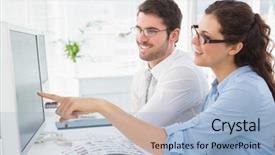  Presentation with coworkers - Audience pleasing PPT theme consisting of happy employees - smiling business coworkers pointing screen backdrop and a light blue colored foreground