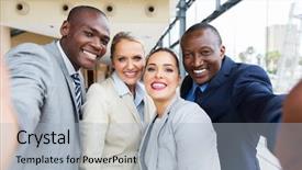  Presentation with employees - Colorful presentation design enhanced with happy employees - successful multiracial business team taking backdrop and a light blue colored foreground