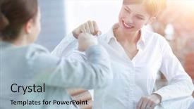  Presentation with employees images - Presentation design featuring happy employees are happy background and a light blue colored foreground