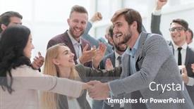  Presentation with employees - Presentation theme with happy-employees-congratulating-each background and a gray colored foreground