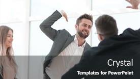  Presentation with employees - Beautiful PPT theme featuring happy-employees-giving-each backdrop and a dark gray colored foreground