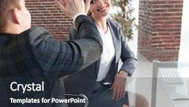  Presentation with success pic - Cool new slide deck with happy employees show their success backdrop and a tawny brown colored foreground