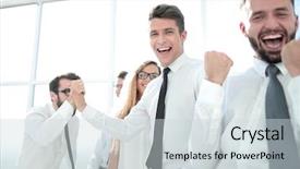  Presentation with employee anniversary work office - PPT theme featuring happy employees standing in spacious background and a light gray colored foreground