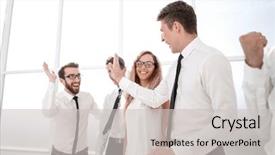  Presentation with employee anniversary work office - Presentation theme enhanced with happy employees standing in spacious background and a light gray colored foreground