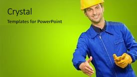  Presentation with engineering engineer or safety officer - Presentation having happy engineer gesturing on green background and a gold colored foreground